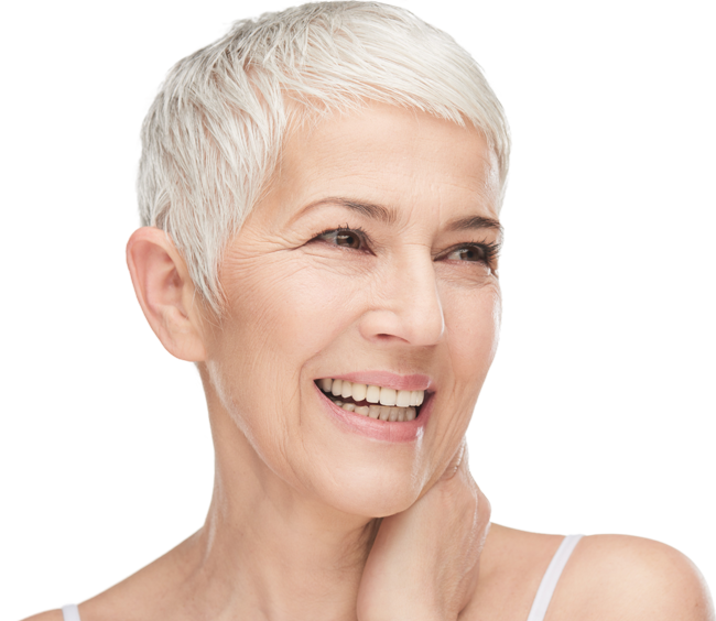 smiling lady wearing life-like dentures